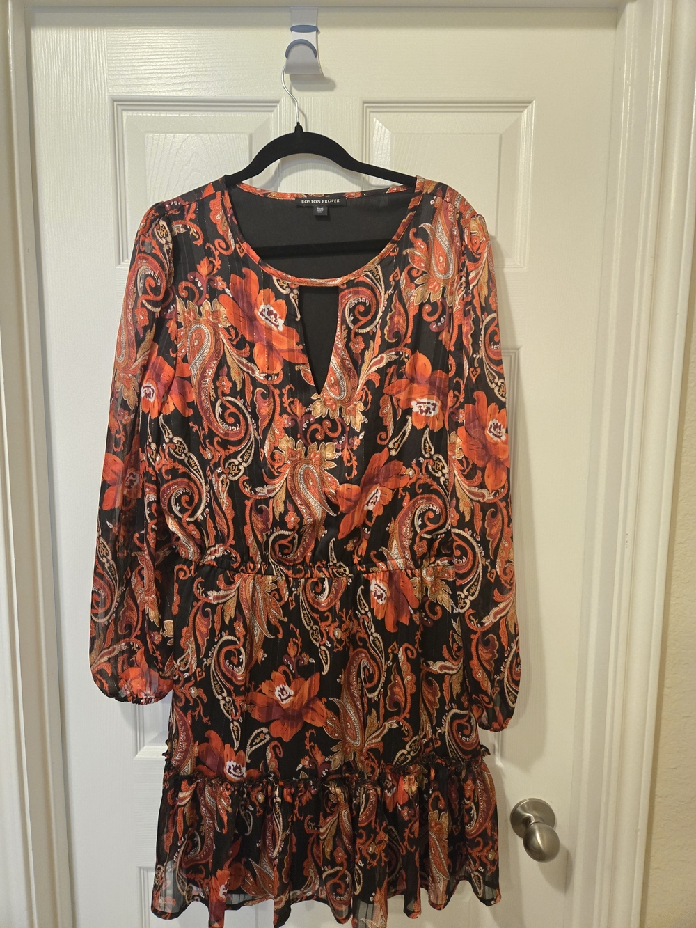Boston Proper Black & Orange Paisley Mini Dress